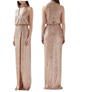 Monique Lhuillier Gold Sequin Blouson Evening Gown, Gold, NWT, Size 16